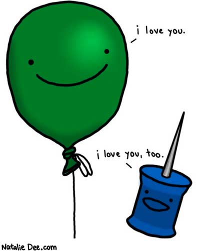 a ballon and a thumbtack declaring their love for each other